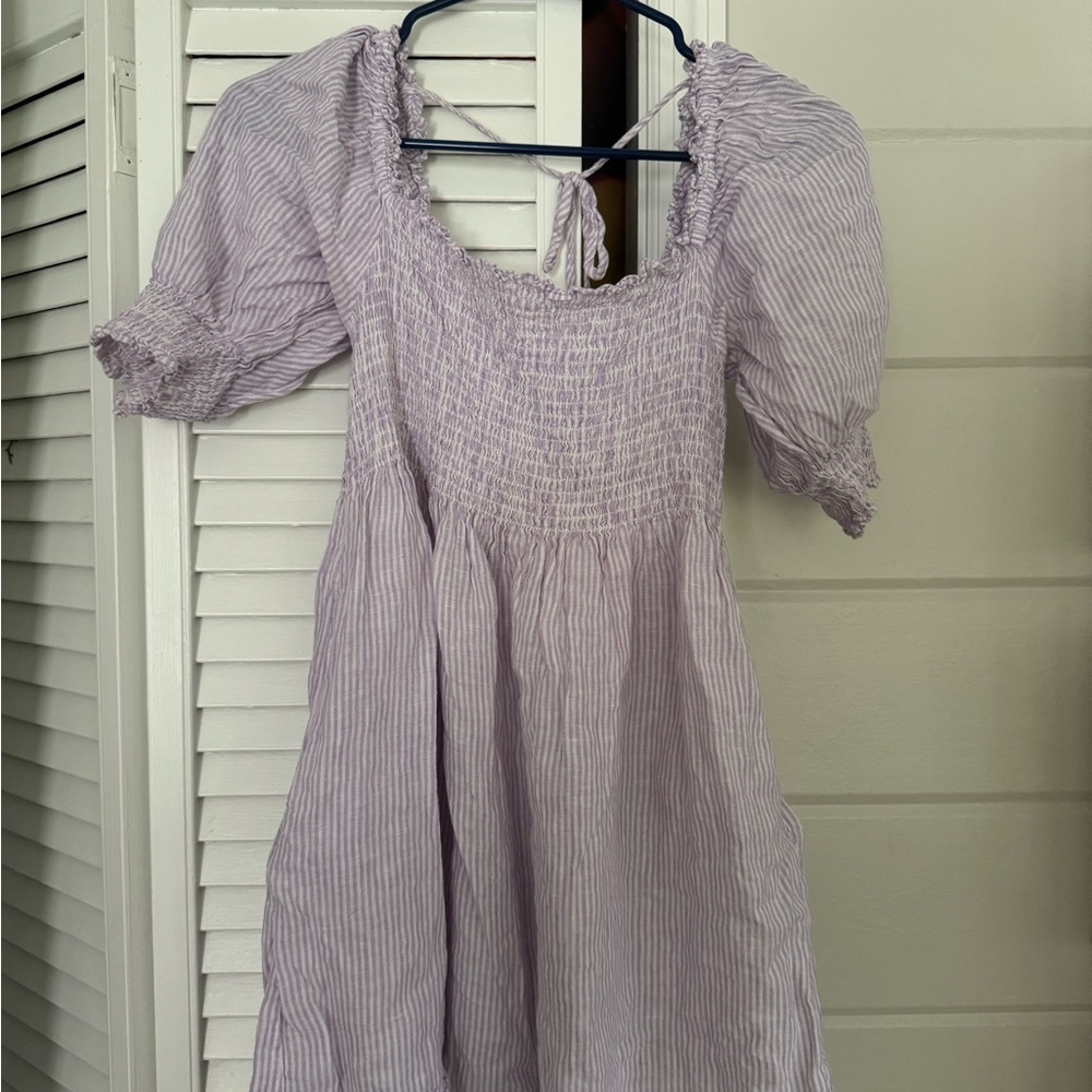 Hill House Lilac Striped puff sleeve Dress